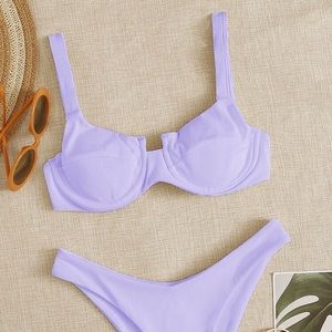 Ribbed underwire purple tie back bikini